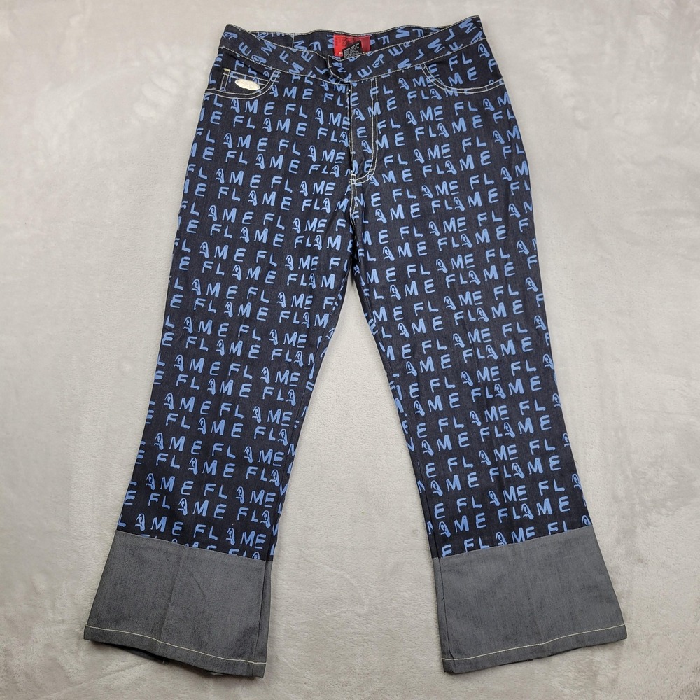 Johnny Blaze Pants Womens 11/12 Flame Blue All Over Print‎ Y2K Streetwear Denim